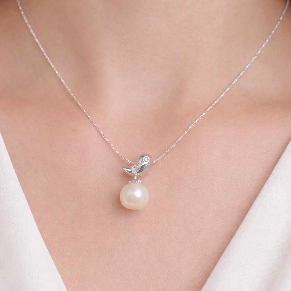 Silver Bird Pearl Necklace Dainty CZ Pendant Freshwater Pearl Minimalist Jewelry